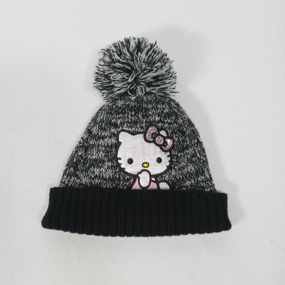 HELLO KITTY Beanie Sock Hat Gray Black Top Pom Pom Girls Size 4-14